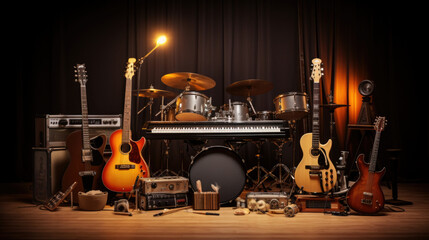 Musical instruments on stage, ready for the gig.