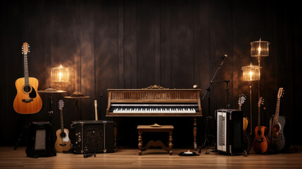 Musical instruments on stage, ready for the gig. - obrazy, fototapety, plakaty