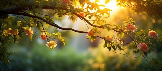In the lush green garden the tree adorned with vibrant leaves showcased a delightful texture of floral blooms as the sun s rays cast a golden hue during the summer sunset creating a mesmeriz