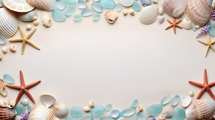 seashells frame on the sand - obrazy, fototapety, plakaty