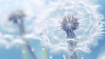 dew drops on dandelion seed macro, soft blue nature close-up photography