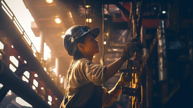 A skilled female worker performs manual work on an ocean oil platform