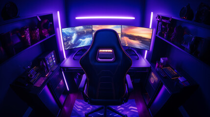 Room with powerful pc for online gaming with neon lights in background.