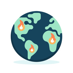 Earth with flames on the continents. Climate change concept. Earth globe icon. Vector illustration