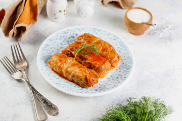 Homemade Cabbage rolls with meat, rice and vegetables.