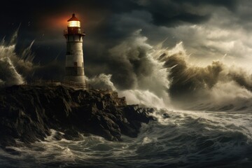 Naklejka na ściany i meble Lighthouse on a cliff during a storm