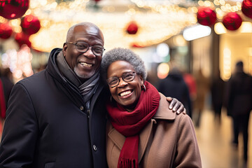 Fototapeta premium Happy smiling elderly people enjoy christmas on chistmas tree market