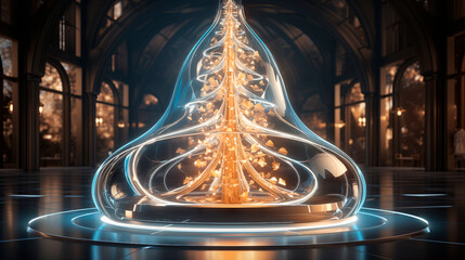 futuristic interior with christmas tree overlooking the city in a tall building at night