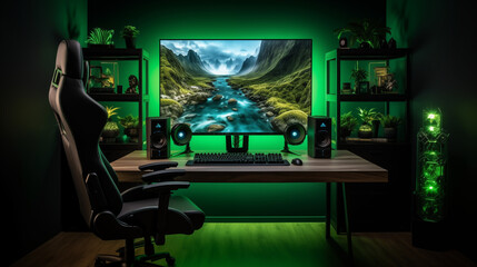 Fototapeta premium Room with powerful pc for online gaming with neon lights in background.