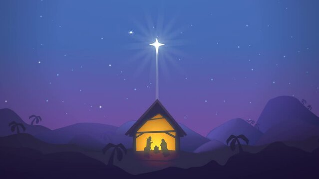 Animation loop of the nativity scene at night with the bright star above