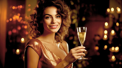 BEAUTIFUL WOMAN IN A RESTAURANT WITH A GLASS OF CHAMPAGNE. legal AI