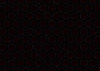 Large image of a hexagonal pattern with small yellow and black dots inscribed in orange hexagons with diagonal lines and points, bordered by small black water waves on a black background - 676428981