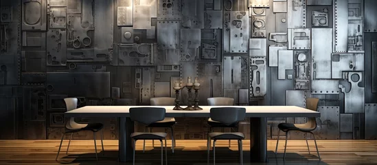 Fotobehang The abstract design on the wallpaper showcased a mesmerizing pattern of metallic plates combining silver steel iron aluminum alloy and stainless materials to create an industrial backdrop fo © TheWaterMeloonProjec