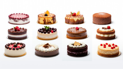 Set of different delicious cakes isolated on white.