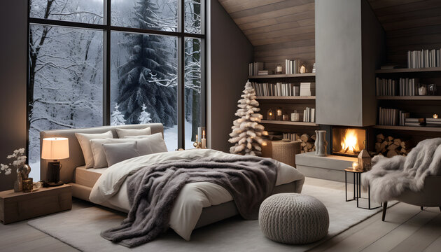Fototapeta Scandinavian interior design of modern bedroom Christmas