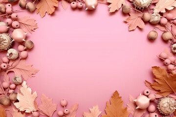 Naklejka na ściany i meble Autumn foliage border, pink background with copy space