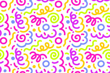 Seamless pattern of colorful abstract squiggles print, scribble spiral and wavy lines. retro 80s style. Chaotic ink brush scribbles. Vector illustration.