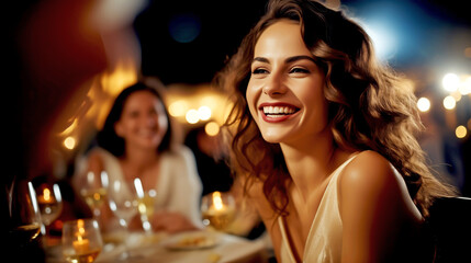LAUGHING HAPPY WOMAN IN RESTAURANT AT PARTY. legal AI