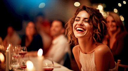 LAUGHING HAPPY WOMAN IN RESTAURANT AT PARTY. legal AI