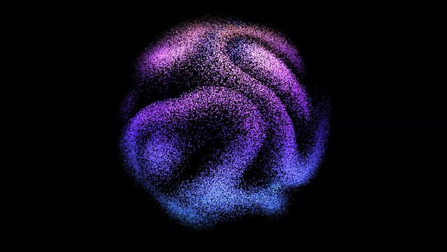 3D neon sphere made of flowing digital particles on black background. Abstract concept of artificial intelligence, neural network or big data analysis. Glowing ultraviolet dust motion, 4K looped video