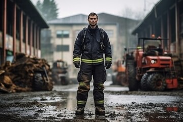 Brave Firefighter Standing in Front of Damaged Industrial Building
