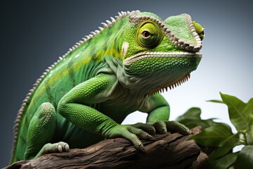 A green chamelon sitting on top of a tree branch.