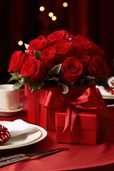 Romantic dinner setting with red roses and gift box on table.Valentine's Day Concept