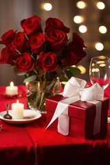 Obraz premium Romantic dinner setting with red roses and gift box on table.Valentine's Day Concept