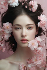 A portrait featuring an innocent girl surrounded by pink flowers, Generative AI