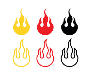 Fire icons set. Symbol of danger and importance. Designation of a hit, top or hot.