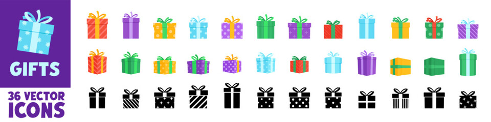Gift box. Gift box set. Flat and silhouette icons.