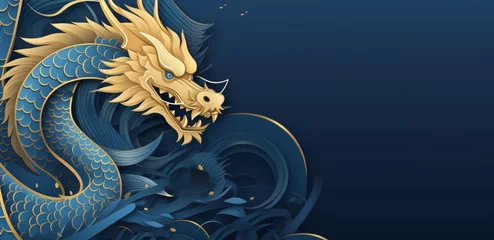 Foto op Plexiglas Happy New Year, 2024, Blue Dragon, Zodiac sign year of the Blue Dragon, Happy Chinese New Year 2024 Zodiac sign Dragon on Blue background © VeloonaP