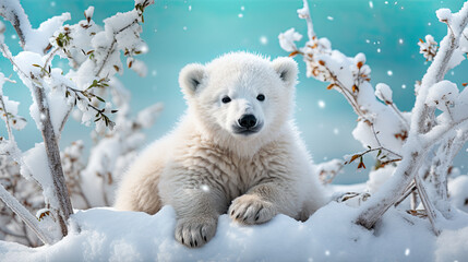 A baby polar bear lies in the snow - obrazy, fototapety, plakaty