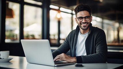 Man working on laptop in cafe, freelancer with computer in cafe, man in glasses smiling looking at the camera