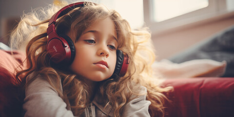 Fototapeta premium Cute sad child sitting in headphones at home.