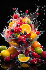 fruits with water splashes, on black background, fresh and healthy food
