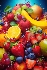 fruits with water splashes, on color background, fresh and healthy food