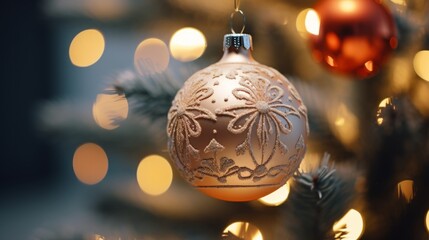 Golden Christmas ornament, adorned with intricate designs, hanging gracefully on a tree against a backdrop of blurred festive lights.