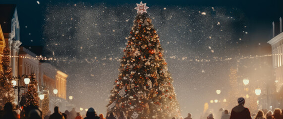 Snowy Christmas Magic in Town Square  beautifully lit Christmas tree in a snowy town square,...