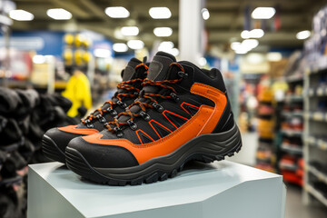 Trekking boots in sports store. New hiking mountain boots