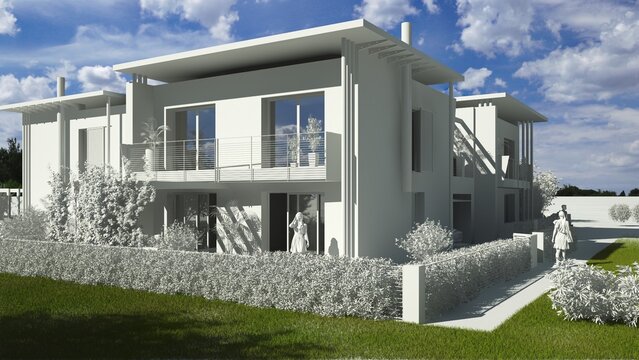 Modellazione 3D  di un edificio residenziale tutto bianco con erba e cielo colorato
