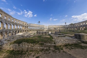 View inside the Roman amphitheater in the Croatian city of Pula without people
