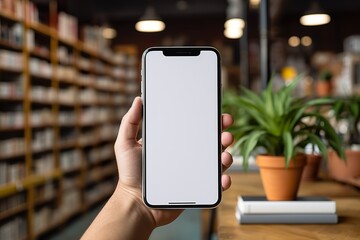 Blank mockup phone held in a hand, with a stack of books in a library behind