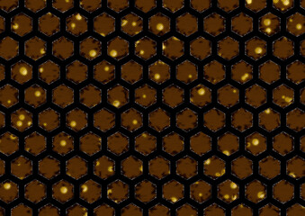 Large image of an irregular hexagonal pattern with small yellow and black dots inscribed in orange hexagons with diagonal lines and points, bordered by small black water waves on a black background - 676431774
