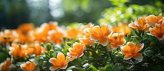 In the beautiful Asian garden vibrant orange flowers bloom against a backdrop of lush green leaves...