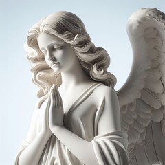3D Render White Marble Angel Statue with Folded Hands.
