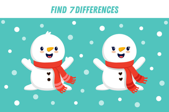 Find 7 differences between two pictures of cute snowman in scarf. Cute snowman in flat style. Activity page. Christmas game. Vector