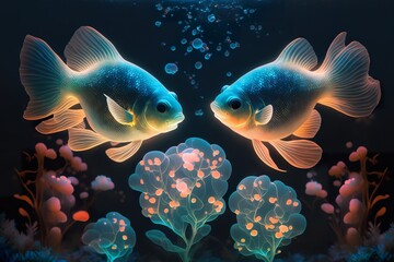 Underwater world. Fish and corals  in marine aquarium with best lighting