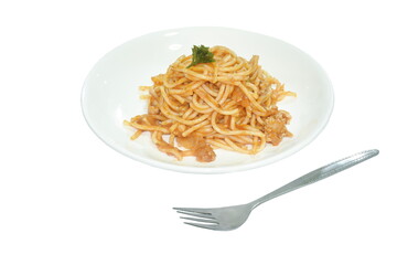 spaghetti dressing fried chop pork and slice tomato in ketchup sauce on plate   