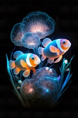 Underwater world. Fish and corals  in marine aquarium with best lighting
